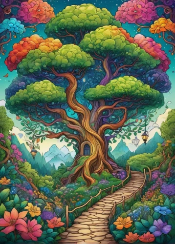 colorful tree of life,flourishing tree,tree of life,magic tree,mushroom landscape,painted tree,fairy forest,watercolor tree,flower tree,garden of eden,celtic tree,yggdrasil,tree top path,cartoon forest,fairy world,tree grove,blossom tree,forest tree,enchanted forest,children's background,Illustration,Abstract Fantasy,Abstract Fantasy 07