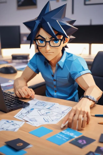 yusaku,yusuke,blur office background,iida,kaito,manami,soejima,sakka,tadashi,naoto,papermaster,katsuyuki,paperwork,koga,aoyama,fushimi,riska,seamico,animator,anime 3d,Unique,3D,Low Poly