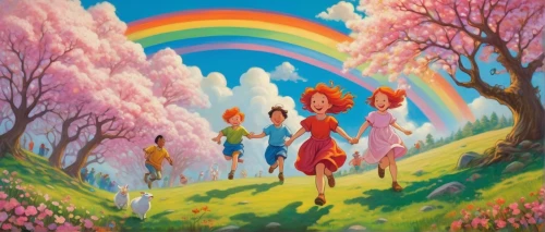 printemps,vanwyngarden,primavera,rainbow background,walking in a spring,springtime background,fairy world,the festival of colors,spring background,wlw,fairy forest,children's background,beltane,fairyland,fantasy picture,candyland,fairies,little girls walking,colorful background,girl in flowers,Illustration,Realistic Fantasy,Realistic Fantasy 40