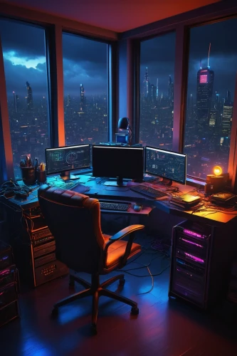 computer room,modern office,desk,computer workstation,workstations,bureau,desktops,office desk,cyberscene,study room,workspace,cyberpunk,blur office background,cybertown,desks,working space,offices,workspaces,cubicle,night administrator,Illustration,Retro,Retro 23