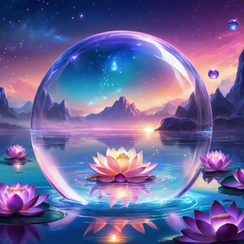 water lotus,lotus blossom,flower of water-lily,lotuses,water lilies,lotus on pond,lotus flower,lotus hearts,stone lotus,waterlilies,crystal ball,waterlily,fantasy picture,water lily,lotus flowers,pond flower,cosmic flower,lotus pond,fantasy landscape,fairy world,Illustration,Realistic Fantasy,Realistic Fantasy 01