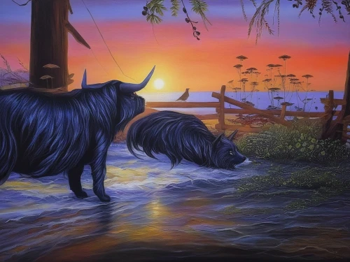 maiasaura,unicorn background,pigasus,unicorn art,ferugliotherium,pachyrhinosaurus,ceratopsians,rhinoceroses,dusk background,tatanka,rhinoceros,uintatherium,rhinos,horned cows,boar,water buffalo,kaziranga,tanox,megafauna,restoration,Illustration,Abstract Fantasy,Abstract Fantasy 14