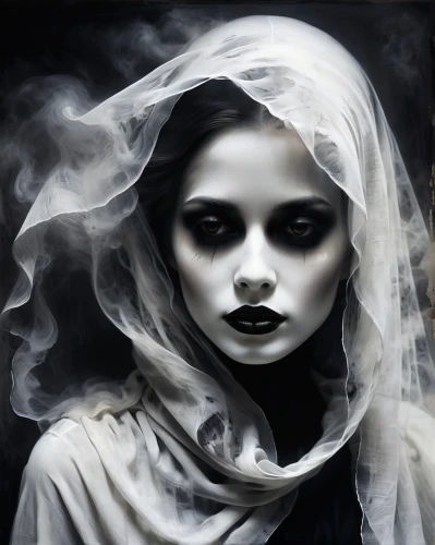 ghostley,gothic portrait,mystical portrait of a girl,veils,veiled,rone,behenna,gothic woman,vampire woman,ghost girl,pernicious,dead bride,isoline,crone,dark art,white lady,veil,vampire lady,shrouded,dark portrait,Illustration,Realistic Fantasy,Realistic Fantasy 17