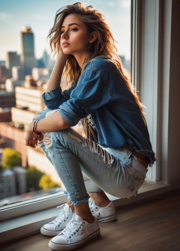 poki,jeans background,girl sitting,chachi,ripped jeans,denim,denim background,window sill,on the roof,superga,relaxed young girl,portrait background,jeans,girl in overalls,sneakers,photo session in torn clothes,thinking,juliet,sitting,high jeans,Illustration,Paper based,Paper Based 28