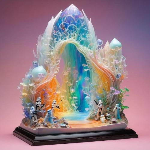 crystalize,gnome ice skating,crystalline,3d fantasy,ice castle,ice crystal,crystalized,rock crystal,crystallize,crystal,crystal egg,arkenstone,3d figure,ice landscape,crystallization,allies sculpture,fairy house,gnomon,water glace,maquette,Illustration,Japanese style,Japanese Style 19