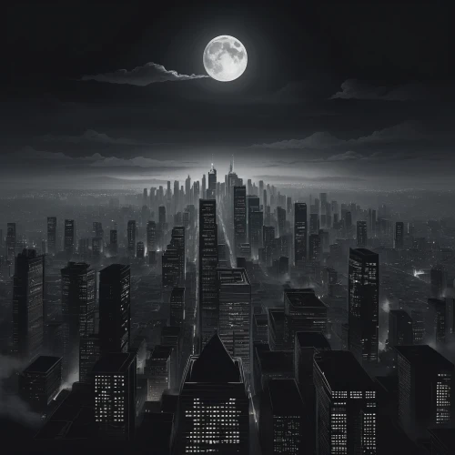 black city,moonlit night,darktown,gotham,cityscapes,moonglow,moonscape,city at night,lunar landscape,moonlit,moonwatch,nightscape,city scape,nocturnes,moon phase,moonlighted,arkham,night scene,super moon,moonlighters,Illustration,Realistic Fantasy,Realistic Fantasy 17