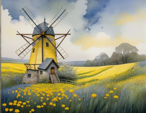 windmill,old windmill,the windmills,dutch windmill,windpump,wind mill,windmills,moulin,historic windmill,chamomile in wheat field,windmill gard,molen,wind mills,dandelion field,wheatfield,springtime background,yellow grass,watermill,watercolor background,dandelion meadow,Illustration,Realistic Fantasy,Realistic Fantasy 03