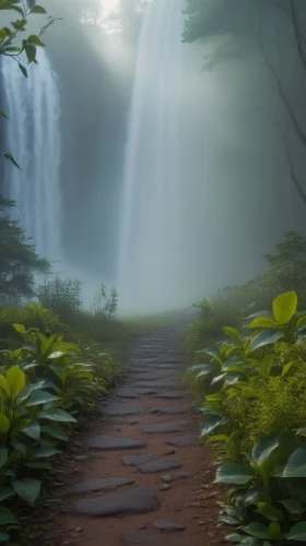 the mystical path,green waterfall,foggy forest,foggy landscape,nature wallpaper,waterfalls,forest path,bridal veil fall,brown waterfall,the path,mists,water fall,fairytale forest,waterfall,iguazu,mystical,hiking path,aaa,falls,fairy forest,Photography,General,Realistic