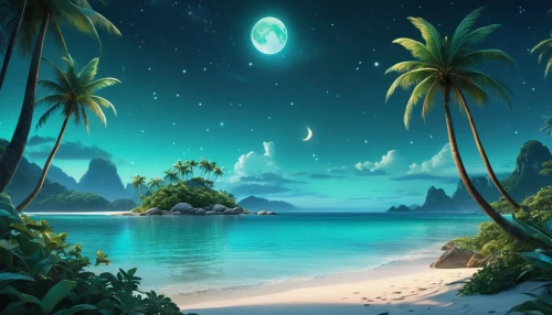 emerald sea,ocean background,moon and star background,an island far away landscape,ocean paradise,tropical sea,landscape background,fantasy landscape,tropical island,fantasy picture,coconut trees,cartoon video game background,islands,paradisus,dolphin background,dream beach,nature background,lanikai,south seas,coconut tree,Photography,General,Realistic