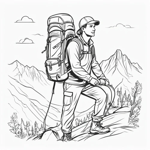 backpacking,hiker,backpacked,backpacker,rucksacks,venturer,rucksack,backpack,tenzing,coloring page,backpackers,trekking poles,alpinist,trail searcher munich,hiking boot,mountaineer,mountain hiking,climbing harness,hikers,coloring pages,Illustration,Black and White,Black and White 04