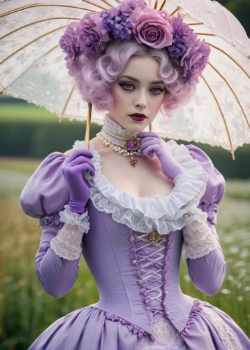 victorian lady,victoriana,violetta,la violetta,victorian style,the victorian era,violet,purple rose,violette,viola,parasol,veil purple,violeta,edwardian,victorianism,victorian,rococo,soprano lilac spoon,pale purple,corsetry,Illustration,Realistic Fantasy,Realistic Fantasy 19