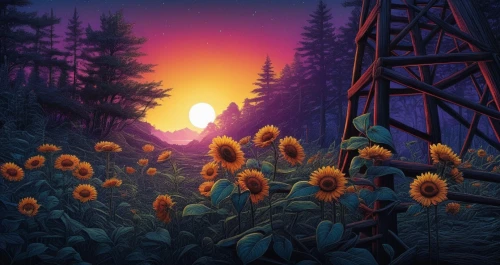 flower in sunset,dusk background,dusk,sunflower field,cartoon video game background,sunflowers,campfire,cartoon forest,beautiful wallpaper,orange sky,flower field,alpine sunset,summer evening,the sun has set,mountain flowers,digital painting,sunset,falling flowers,art background,before the dawn,Illustration,Realistic Fantasy,Realistic Fantasy 25