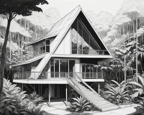 forest house,tropical house,house in the forest,cubic house,treehouses,wooden house,timber house,frame house,mid century house,glasshouse,dreamhouse,prefab,greenhouse,cantilevers,tree house,treehouse,dwellings,house drawing,log home,stilt house,Illustration,Black and White,Black and White 12
