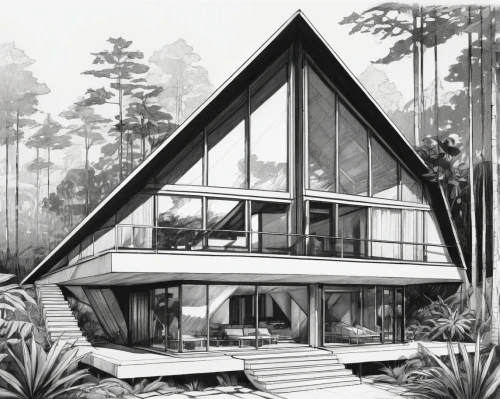 sketchup,forest house,mid century house,house in the forest,house drawing,revit,timber house,log home,prefab,mid century modern,chalet,frame house,penciling,houses clipart,tropical house,habitational,midcentury,autodesk,cubic house,wooden house,Illustration,Black and White,Black and White 12