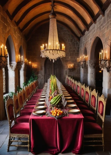 refectory,table arrangement,dining room,tablescape,long table,place setting,banqueting,wedding hall,inglenook,restaurant bern,table setting,restaurant ratskeller,hotel de cluny,ristorante,parador,breakfast room,dining table,welcome table,fine dining restaurant,cloister,Illustration,American Style,American Style 15