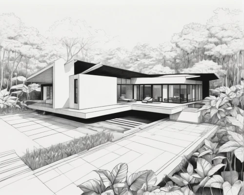 sketchup,3d rendering,revit,mid century house,neutra,house drawing,modern house,landscape design sydney,renderings,prefab,cantilevers,eichler,unbuilt,landscape designers sydney,modern architecture,render,renders,arquitectonica,corbu,arq,Illustration,Black and White,Black and White 32