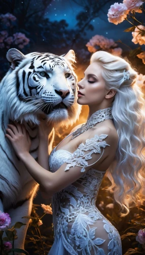 fantasy picture,fantasy art,white tiger,fantasy portrait,sirene,she feeds the lion,3d fantasy,derivable,fairy tale,fantasy animal,dreamscapes,photomanipulation,fairytales,a fairy tale,sirena,tigress,amphitrite,mermaid background,fairy tale character,photo manipulation,Photography,General,Realistic