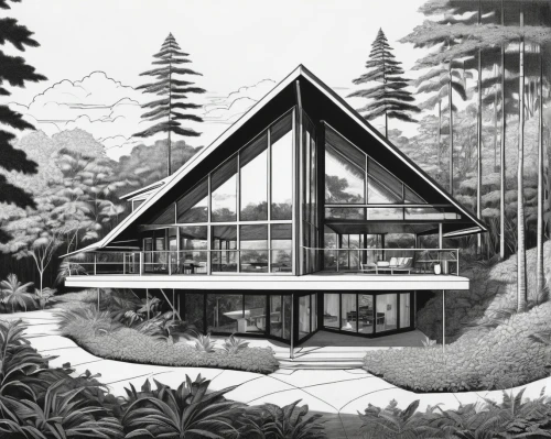 forest house,mid century house,house in the forest,sketchup,mid century modern,midcentury,timber house,log home,frame house,house in the mountains,lodge,bohlin,treehouses,glasshouse,house in mountains,house drawing,sunroom,mid century,summer house,prefab,Illustration,Black and White,Black and White 18