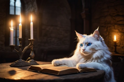 spellbook,candlelight,candlelit,spellcasting,white cat,lectio,candlemaker,candle wick,scholar,candleholder,magick,divination,magic grimoire,candelight,magnificat,spells,nederpelt,birman,candlelights,seregil,Art,Classical Oil Painting,Classical Oil Painting 36