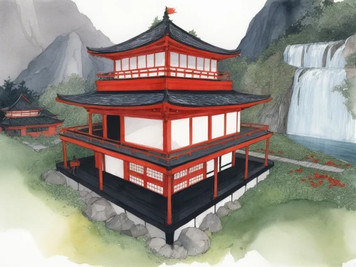 teahouse,teahouses,japanese shrine,watercolor tea shop,japanese garden ornament,red lantern,japanese garden,asian architecture,the golden pavilion,golden pavilion,shinto,okami,dojo,shrine,shrines,watercolor background,stone pagoda,oriental lantern,japanese background,red roof,Illustration,Paper based,Paper Based 07
