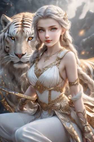 white tiger,durga,arundhati,frigga,etheria,mervat,gandhari,kshetra,fantasy picture,fantasy art,amihan,fantasy woman,leos,rafaela,kushana,sisoulith,female warrior,sigyn,hippolyta,surana,Photography,Realistic