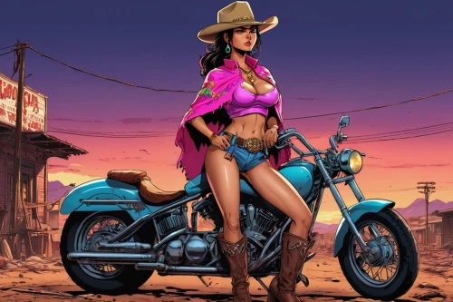 cowgirl,palmiotti,western riding,giraud,bulletgirl,ranchero,cowpunk,cowgirls,brubaker,chicana,jolene,vaquero,cowpoke,biker,chaykin,rodeo,bisley,motorbike,retro woman,motorcyle,Illustration,Vector,Vector 19