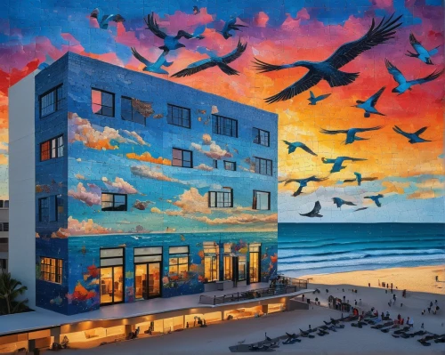 south beach,oceanfront,venice beach,santa monica,seaside resort,seagulls flock,the hotel beach,broadway at beach,fort lauderdale,flying sea gulls,sky apartment,birds flying,seagulls,flock of birds,mamaia,pensacola,flying birds,santamonica,crane houses,hotel riviera,Illustration,Paper based,Paper Based 07