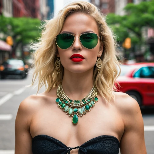 halston,collier,red green glasses,cuban emerald,red lips,red lipstick,jeweled,fashion street,necklace,emeralds,color turquoise,street shot,new york streets,cool blonde,blonde woman,jewellers,street fashion,in green,bejeweled,jewelry,Photography,General,Realistic
