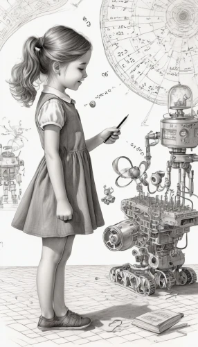 sci fiction illustration,technosphere,astronomer,pioneer 10,roboticist,astronomia,kids illustration,science fiction,orrery,cartographer,mechanization,robotics,toymaker,industrial robot,automator,futurology,space probe,imagineer,copernican world system,steampunk,Illustration,Black and White,Black and White 30