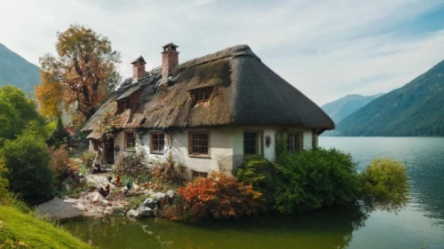 house with lake,thatched cottage,house in mountains,fisherman's house,house by the water,cottage,home landscape,summer cottage,thatched,miniature house,traditional house,ancient house,beautiful home,little house,witch's house,house in the mountains,small house,fairy house,lonely house,country cottage