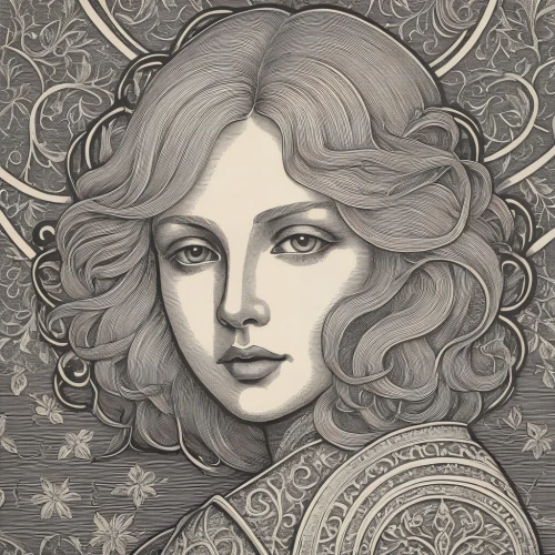 mezzotints,fornasetti,grisaille,melusine,detail shot,woodcut,pacifica,ariadne,duenas,iconographer,cybele,art deco woman,virgo,nereid,mucha,viveros,medusa,leota,musidora,woodring,Illustration,Realistic Fantasy,Realistic Fantasy 42