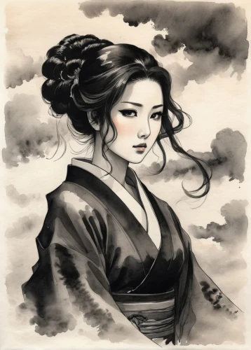 geisha girl,geisha,daiyu,japanese woman,hanfu,oiran,uemura,maiko,diaochan,oriental girl,wangmo,geiko,oriental princess,oriental painting,ugetsu,shunju,yuanpei,japanese art,yuexiu,ashina,Illustration,Paper based,Paper Based 30