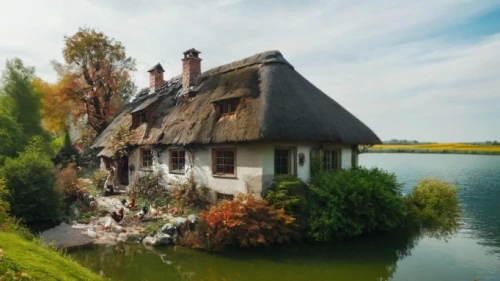 thatched cottage,house with lake,thatched,fisherman's house,country cottage,watermill,witch's house,home landscape,hameau,traditional house,ancient house,thatched roof,summer cottage,cottage,miniature house,crispy house,house by the water,thatch roof,moated,crooked house