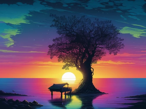 isolated tree,lone tree,landscape background,colorful tree of life,watercolor tree,magic tree,painted tree,colorful background,nature background,splendid colors,lonetree,tree house,fantasy picture,background colorful,tropical tree,tranquility,evening lake,house silhouette,tree silhouette,an island far away landscape,Illustration,Realistic Fantasy,Realistic Fantasy 25