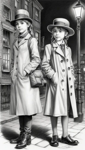 greatcoats,sleuths,overcoats,detectives,trenchcoats,vintage boy and girl,peacoats,vintage children,little boy and girl,schoolchildren,mendicants,evacuee,bellhops,paperboys,schoolmasters,overcoat,greatcoat,inspectors,townspeople,schoolboys,Illustration,Black and White,Black and White 30