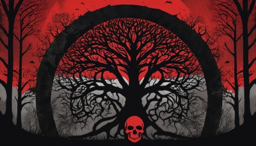 halloween background,halloween poster,halloween wallpaper,halloween illustration,samhain,haunted forest,sematary,necropolis,carcosa,oscura,halloween and horror,necronomicon,red tree,the grave in the earth,mystery book cover,halloween scene,portal,halloween bare trees,hollow way,archway,Art,Artistic Painting,Artistic Painting 28