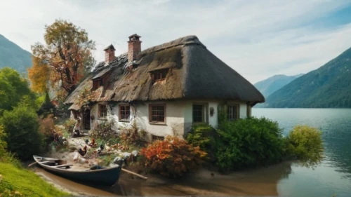 house with lake,thatched cottage,house by the water,fisherman's house,traditional house,cottage,beautiful home,home landscape,summer cottage,thatched,house in mountains,ancient house,miniature house,little house,small house,thatched roof,thatching,thatch roof,wooden house,house in the mountains