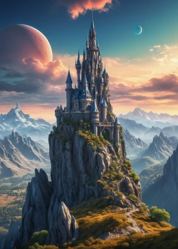 fantasy landscape,fantasy picture,fairy tale castle,beleriand,3d fantasy,tirith,citadels,fantasy world,fairytale castle,gondolin,forteresse,knight's castle,fantasy art,kingdoms,summit castle,dreamlands,castel,wonderlands,castle of the corvin,fantasy city,Photography,General,Realistic