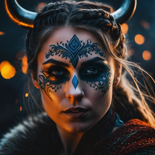 fantasy portrait,face paint,warrior woman,fantasy woman,tribal,masquerade,maori,sorceror,shaman,female warrior,devil,face painting,luzia,niobe,viking,tribal bull,amidala,vaivara,taurus,lexa,Photography,General,Fantasy