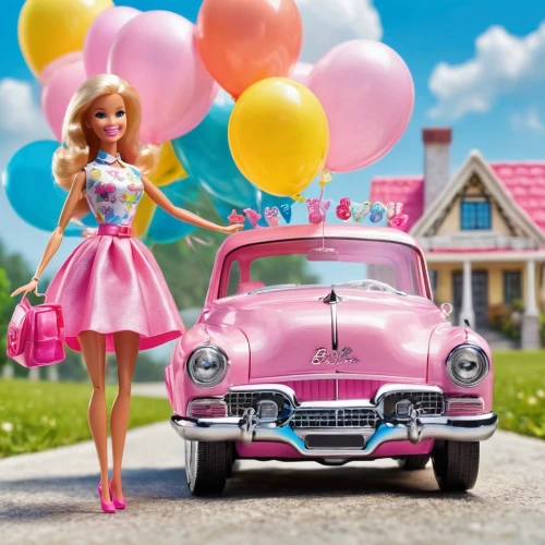 pink car,pink balloons,girl and car,50's style,barbie doll,barbie,car hop,derivable,cartoon car,model car,opel record,opel record p1,fashion dolls,barbies,car boutique,car model,toy car,doll dress,little girl with balloons,fashion doll,Illustration,Japanese style,Japanese Style 19