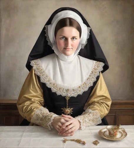 woman holding pie,clergywoman,maidservant,postulant,portrait of christi,portrait of a woman,girl with bread-and-butter,vermeer,chambermaid,portrait of a girl,praying woman,miniaturist,woman with ice-cream,gothic portrait,nunsense,girl with cloth,scholastica,girl in a historic way,puritan,woman praying,Digital Art,Impressionism