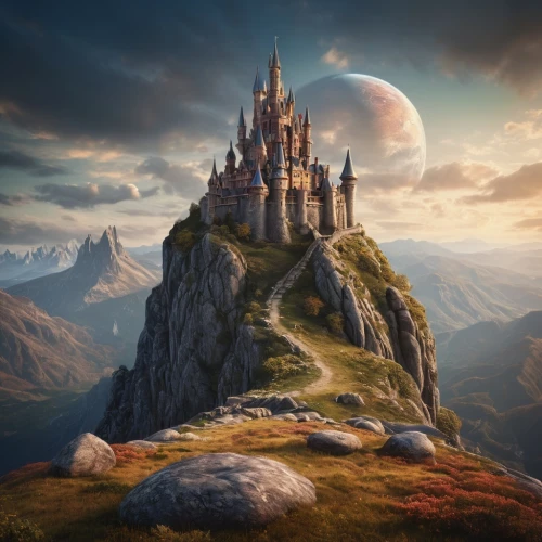 fantasy picture,fantasy landscape,fairy tale castle,fairytale castle,beleriand,3d fantasy,gondolin,tirith,fantasy world,fantasy art,forteresse,castle of the corvin,knight's castle,summit castle,nargothrond,erebor,dreamlands,citadels,heroic fantasy,fairy tale,Photography,General,Cinematic