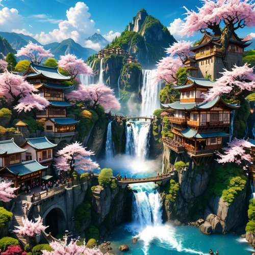 japanese sakura background,sakura background,japan landscape,landscape background,beautiful japan,fantasy landscape,japon,japanese background,waterfalls,sakura trees,beautiful landscape,asian architecture,nature wallpaper,paradis,cartoon video game background,fantasy picture,japanese cherry trees,japanese mountains,waterfall,beautiful wallpaper,Photography,General,Realistic