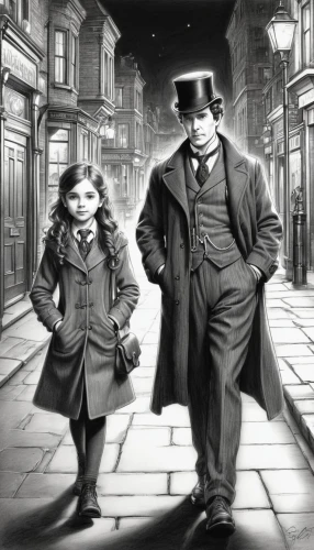 dickensian,snicket,vintage boy and girl,sherlock holmes,baskerville,victorians,little boy and girl,eddowes,holmes,sleuths,victorian style,troughton,gaslight,detectives,cratchit,lamplighters,ambersons,victorianism,dickens,deerstalker,Illustration,Black and White,Black and White 30