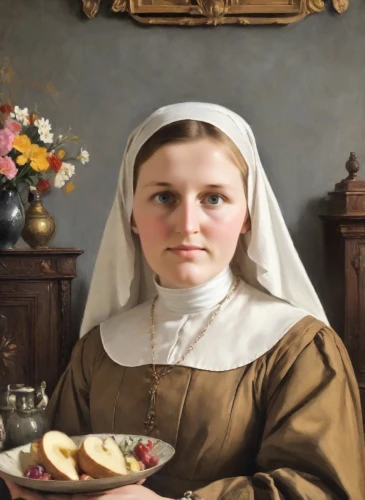 woman holding pie,postulant,mennonite,begums,maidservant,sendler,clergywoman,mennonites,girl with bread-and-butter,saint therese of lisieux,nunsense,hutterite,suster,novitiate,portrait of christi,foundress,nunnelee,nun,woman eating apple,margreiter,Digital Art,Impressionism