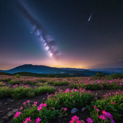 colorful stars,astronomy,cosmos field,cosmic flower,milky way,perseid,the milky way,stargazers,cosmos,rainbow and stars,mountain flower,cosmos flower,airglow,fairy galaxy,meteor shower,stargazer,cosmos flowers,magic star flower,purple landscape,perseids,Photography,General,Realistic