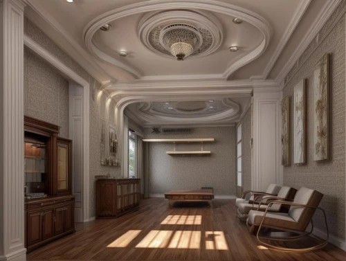 coffered,hallway,cochere,ceiling lighting,stucco ceiling,hallway space,ceiling light,luxury home interior,ceiling construction,millwork,foyer,wainscoting,great room,entrance hall,conference room,interior design,interior decoration,3d rendering,interior decor,ceiling lamp