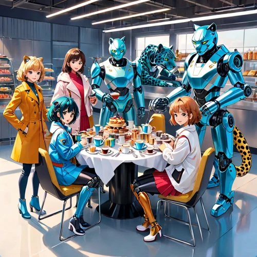 mei,haruhi suzumiya sos brigade,robocup,automatons,robocon,fembots,lunchroom,breakfast table,heavy object,group photo,diner,cybercafes,roboticists,long table,cafeteria,robotics,robotix,food table,vector people,family dinner,Anime,Anime,Realistic