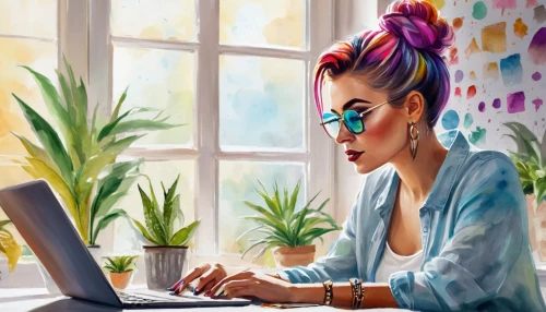 girl at the computer,world digital painting,girl studying,work from home,illustrator,digital painting,work at home,women in technology,bussiness woman,programadora,vector illustration,digital art,blur office background,background vector,girl drawing,freelance,boho art style,computer addiction,freelancer,fashion vector,Illustration,Paper based,Paper Based 24