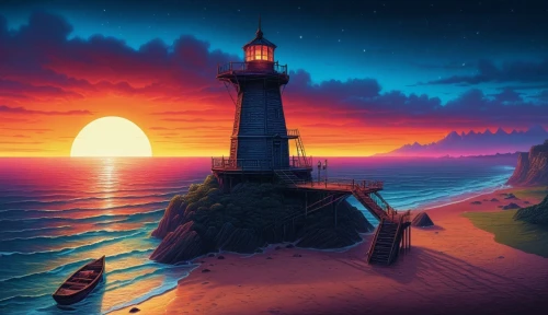 lighthouse,red lighthouse,lighthouses,electric lighthouse,light house,petit minou lighthouse,fantasy picture,beautiful wallpaper,coast sunset,cartoon video game background,windows wallpaper,fantasy landscape,full hd wallpaper,phare,world digital painting,hd wallpaper,eventide,landscape background,dusk background,an island far away landscape,Illustration,Realistic Fantasy,Realistic Fantasy 25